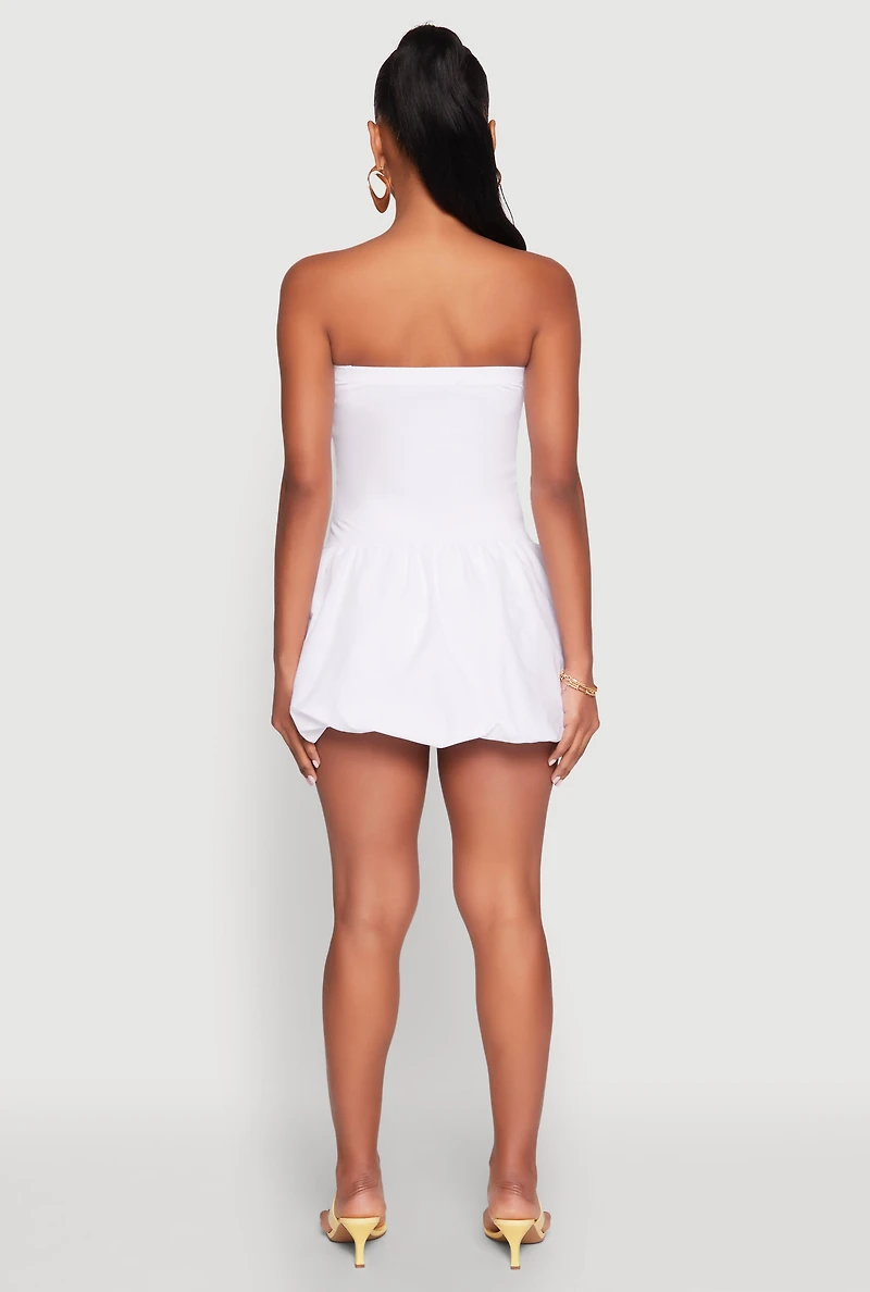 Womens Strapless Bubble Hem Mini Dress, White,