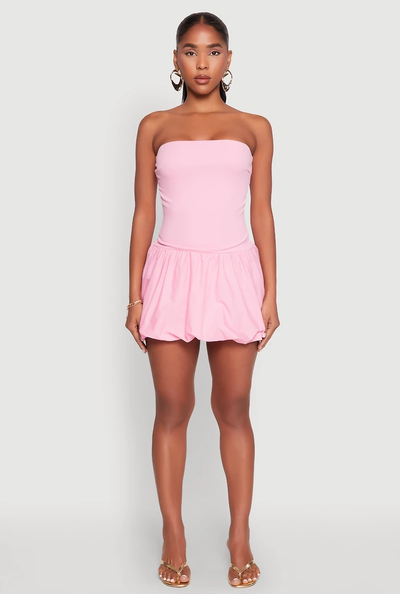 Womens Strapless Bubble Hem Mini Dress, Pink, Size M