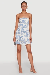 Womens Chic Toile de Jouy Print Smocked Back Peplum Dress, Multi, Size L