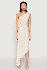 Womens Plisse One Shoulder Asymmetrical Dress, Beige, Size L