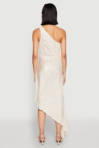 Womens Plisse One Shoulder Asymmetrical Dress, Beige, Size L