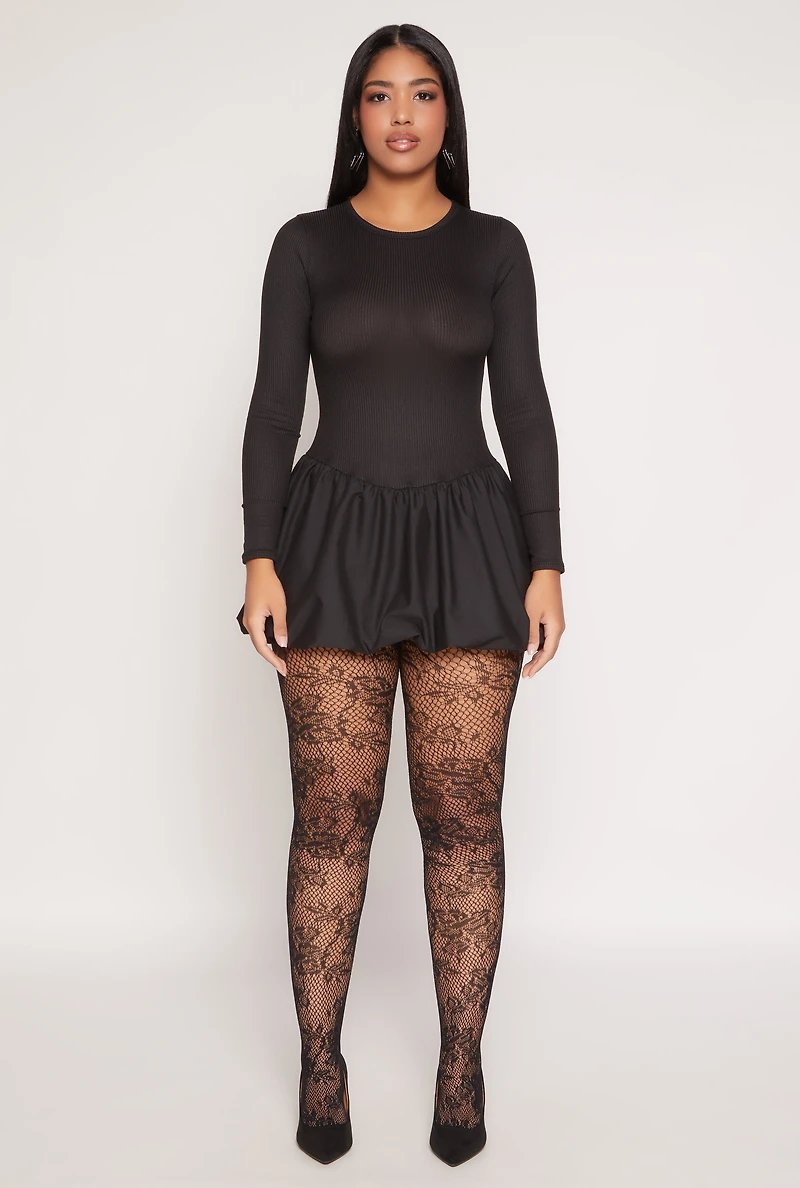 Long Sleeve Rib Knit Bubble Mini Dress