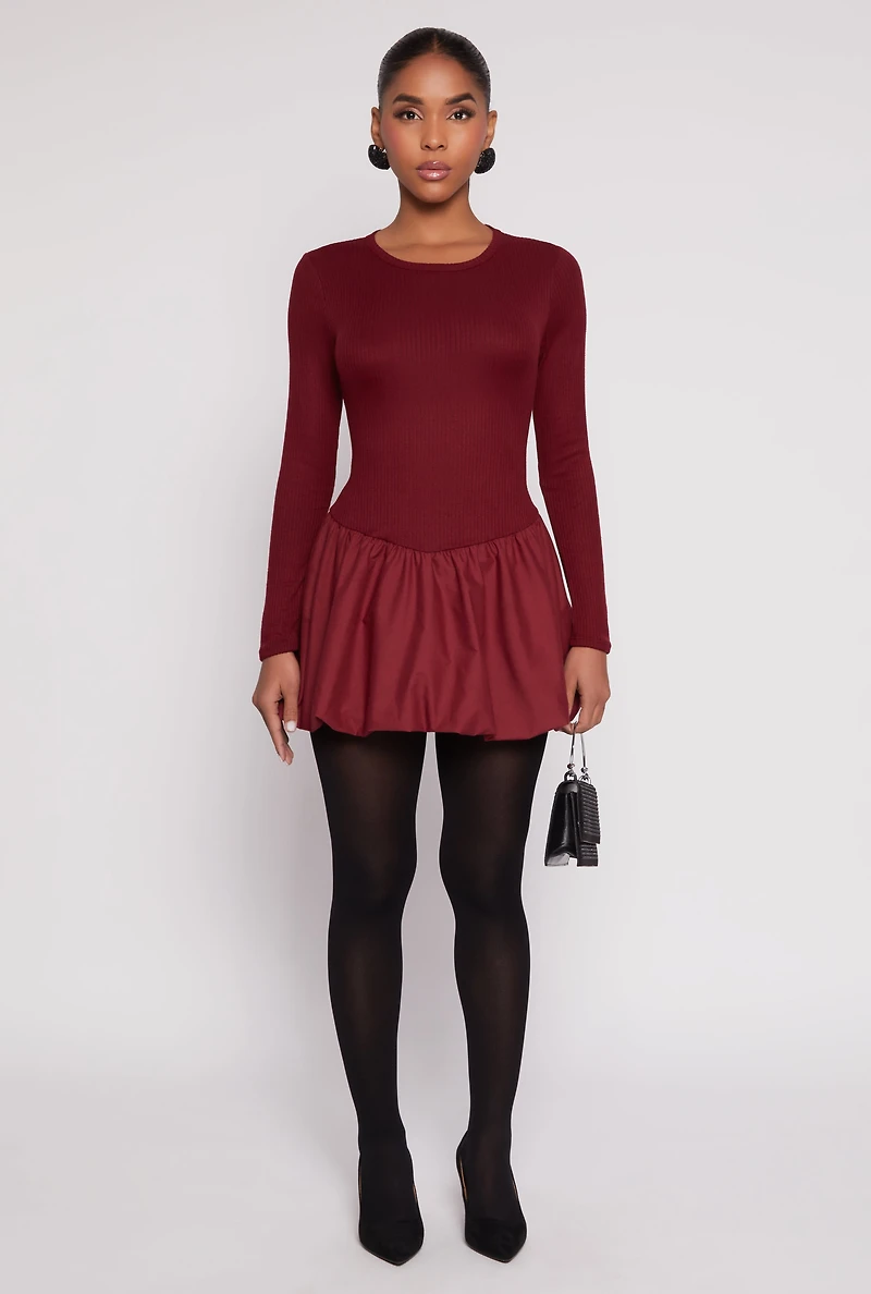 Long Sleeve Rib Knit Bubble Mini Dress