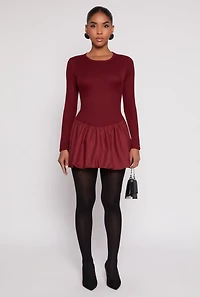 Long Sleeve Rib Knit Bubble Mini Dress