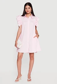 Pinstripe Tiered Ruffle Sleeve Shirt Dress