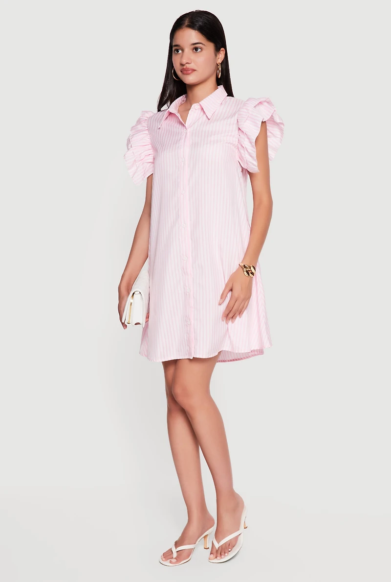 Pinstripe Tiered Ruffle Sleeve Shirt Dress