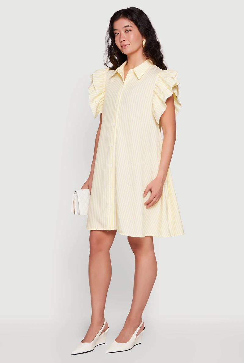 Pinstripe Tiered Ruffle Sleeve Shirt Dress