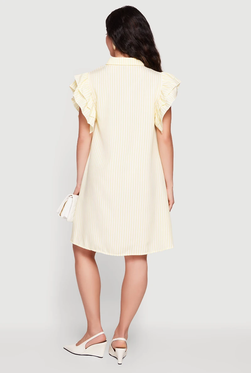 Pinstripe Tiered Ruffle Sleeve Shirt Dress