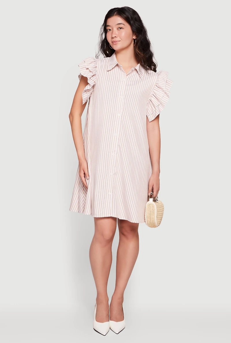 Pinstripe Tiered Ruffle Sleeve Shirt Dress