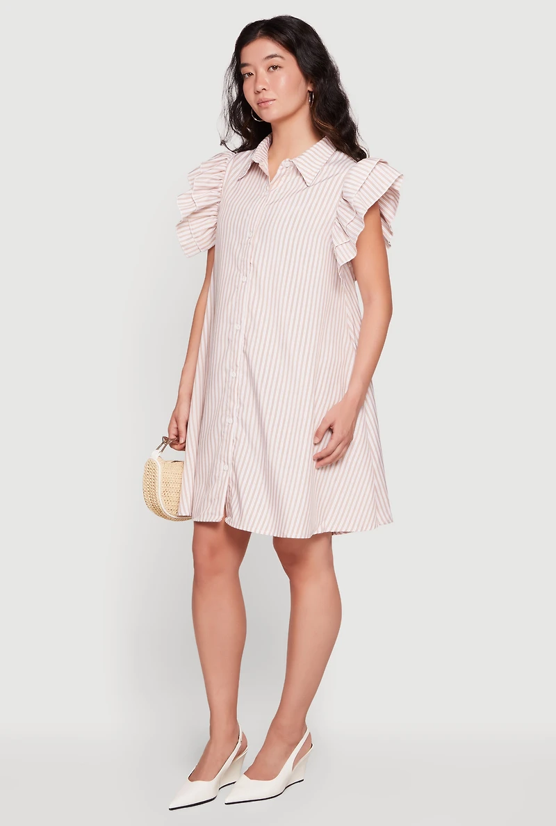 Pinstripe Tiered Ruffle Sleeve Shirt Dress