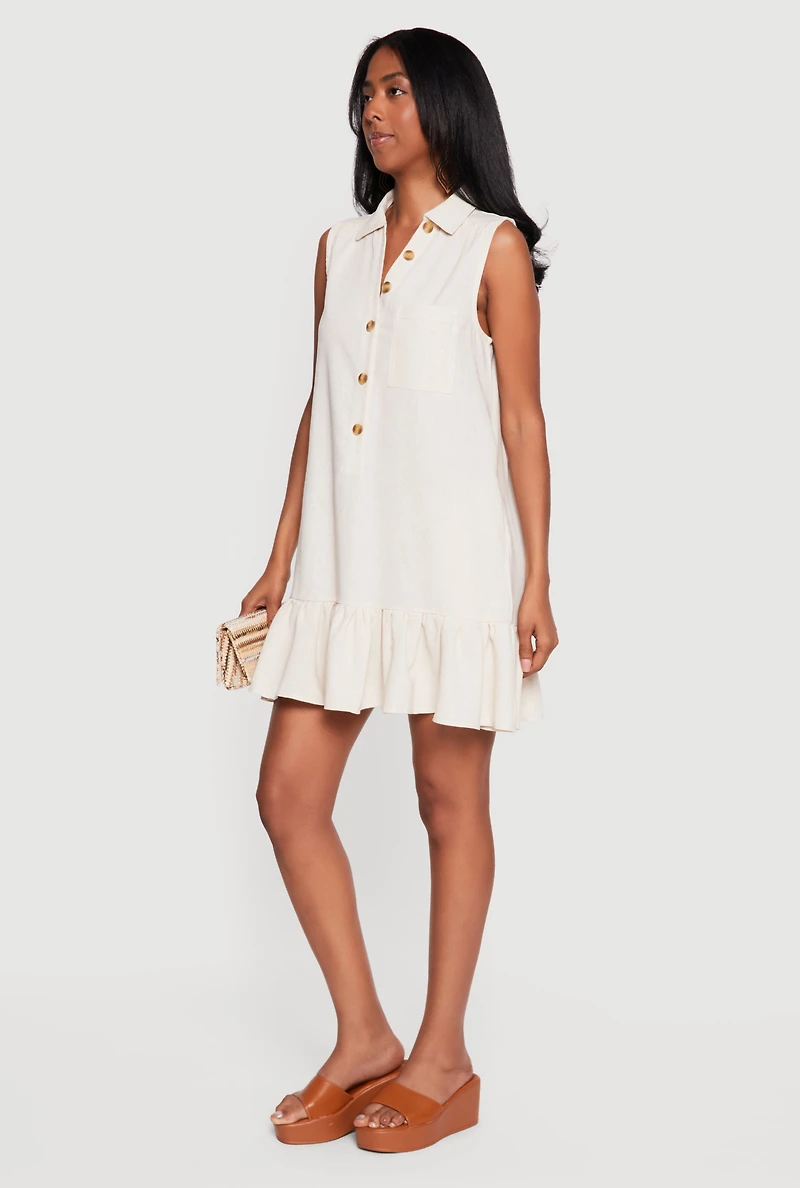 Linen Ruffle Hem Sleeveless Button Front Dress