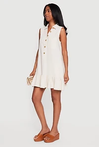 Linen Ruffle Hem Sleeveless Button Front Dress