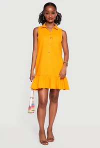 Linen Ruffle Hem Sleeveless Button Front Dress