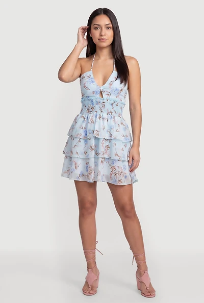 Floral Ruffle Tiered Halter Mini Dress
