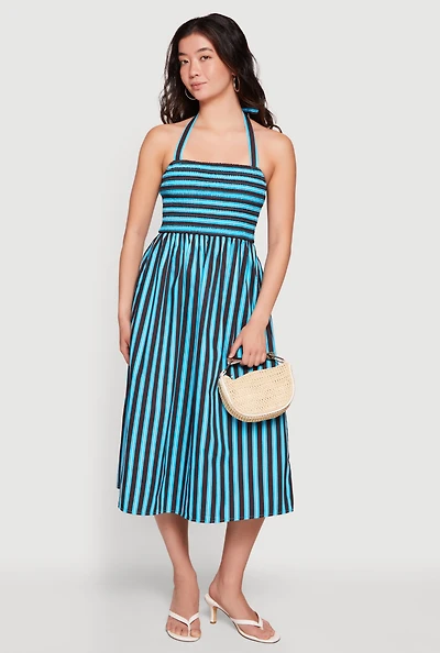 Striped Smocked Halter Midi Dress