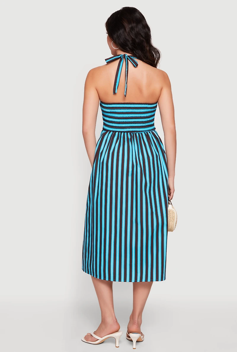 Striped Smocked Halter Midi Dress