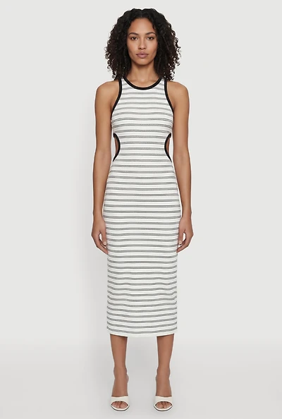 Sleeveless Keyhole Back Striped Midi Dress