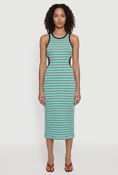 Sleeveless Keyhole Back Striped Midi Dress