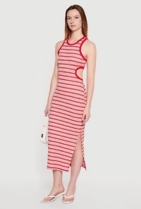 Striped Keyhole Detail Side Slit Midi Dress
