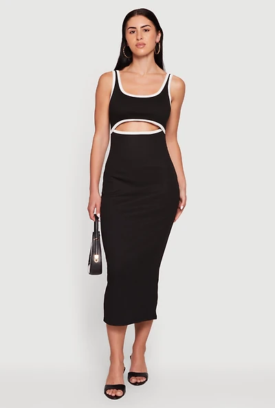 Contrast Trim Keyhole Detail Midi Dress