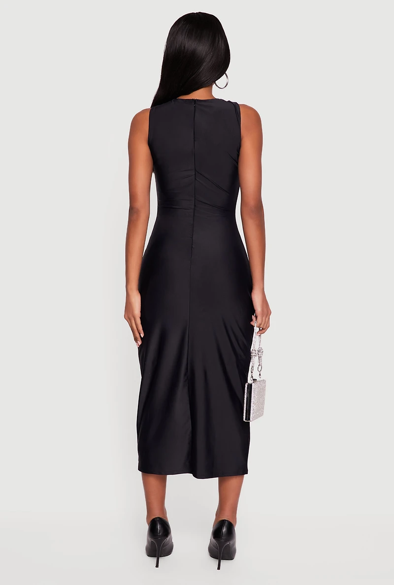 Metallic Bead Detail Ruched Front Midi Dress