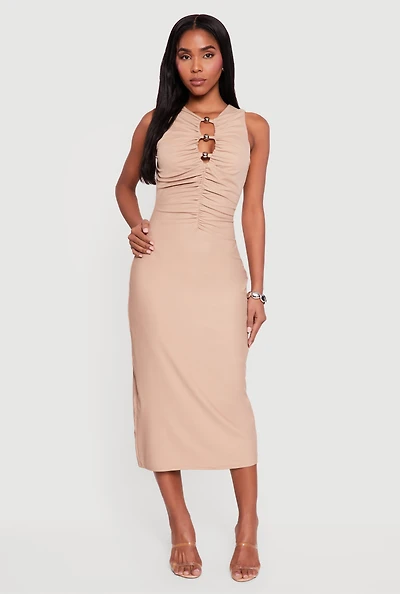 Metallic Bead Detail Ruched Front Midi Dress