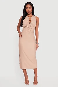 Metallic Bead Detail Ruched Front Midi Dress