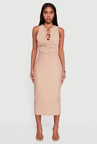 Womens Metallic Bead Detail Ruched Front Midi Dress,