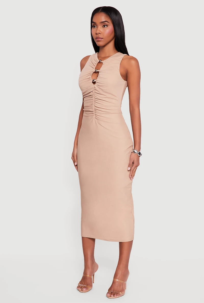 Womens Metallic Bead Detail Ruched Front Midi Dress,