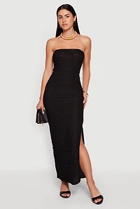 Tiered Lettuce Edge Strapless Maxi Dress with Side Slit
