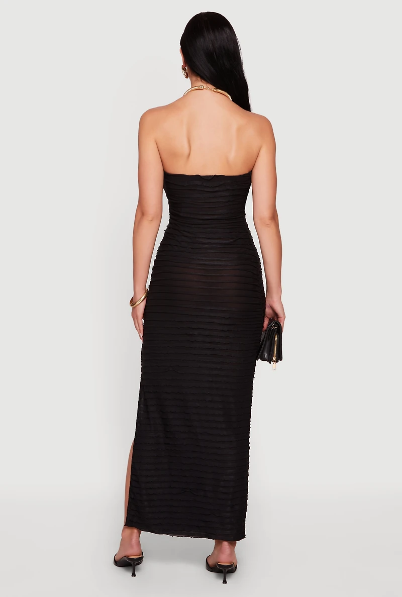 Tiered Lettuce Edge Strapless Maxi Dress with Side Slit