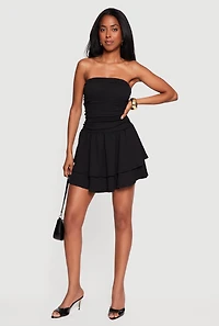 Textured Knit Side Ruched Ruffle Tiered Skater Dress