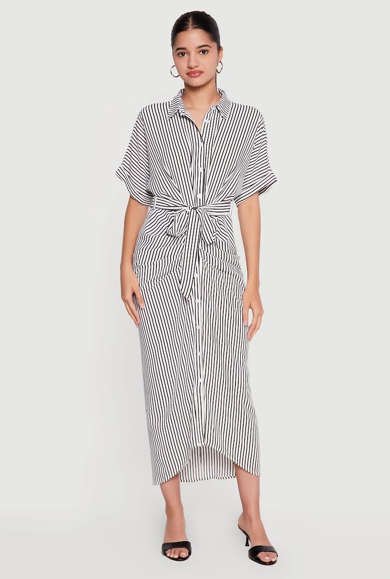 Striped Button Front Shirt Dress with Tie Waist Belt