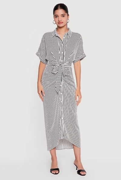 Striped Button Front Shirt Dress with Tie Waist Belt