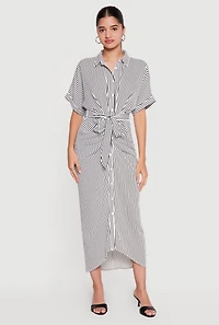 Striped Button Front Shirt Dress with Tie Waist Belt