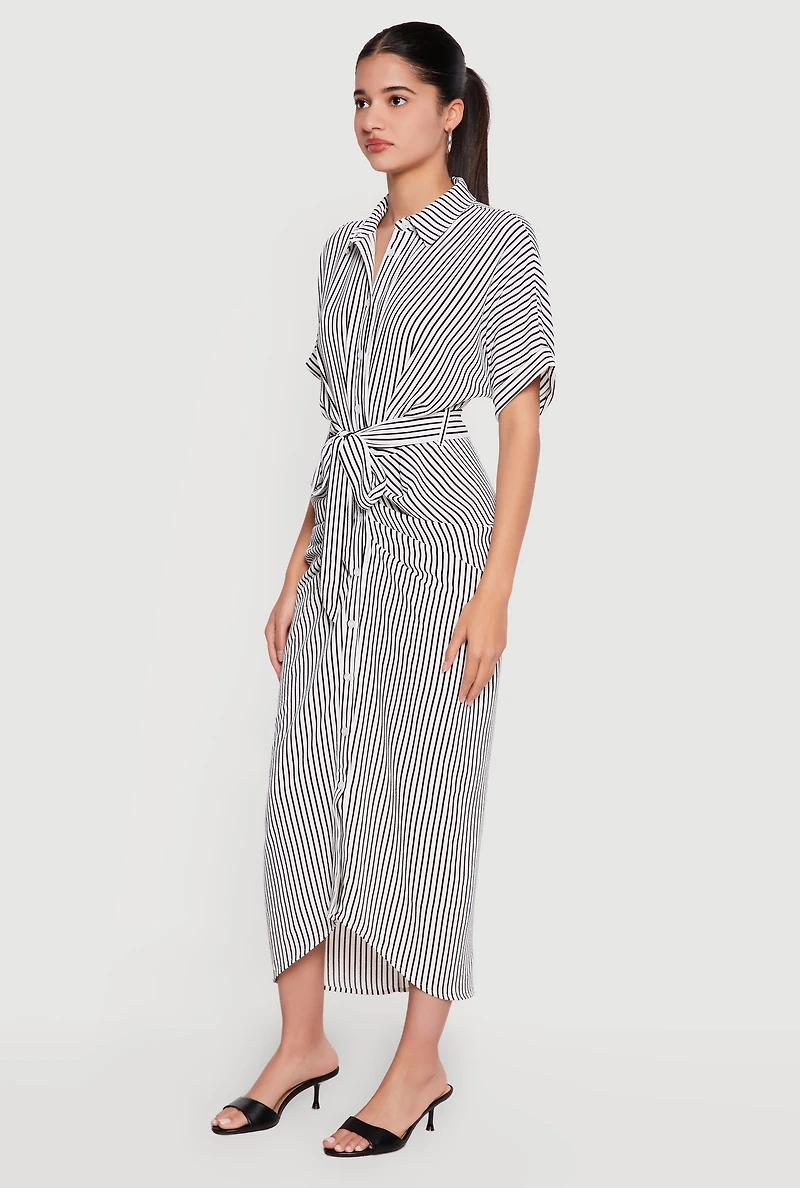 Striped Button Front Shirt Dress with Tie Waist Belt