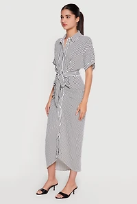 Striped Button Front Shirt Dress with Tie Waist Belt