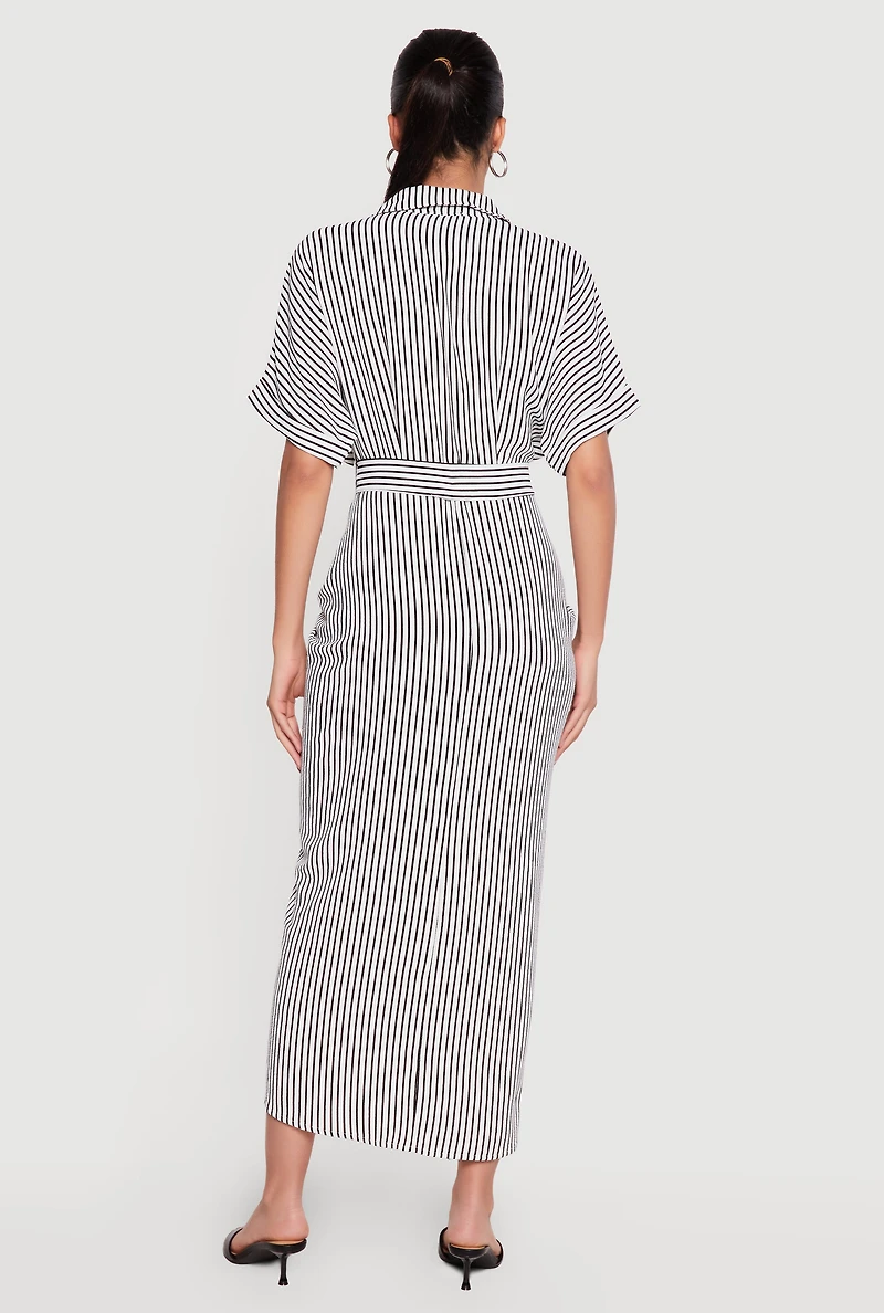 Striped Button Front Shirt Dress with Tie Waist Belt