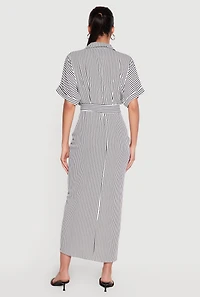 Striped Button Front Shirt Dress with Tie Waist Belt