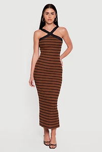 Striped Criss Cross Neckline Maxi Dress