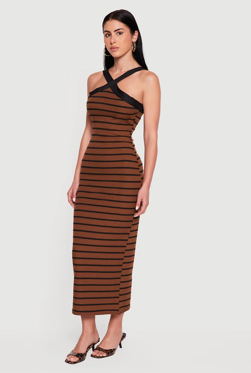 Striped Criss Cross Neckline Maxi Dress