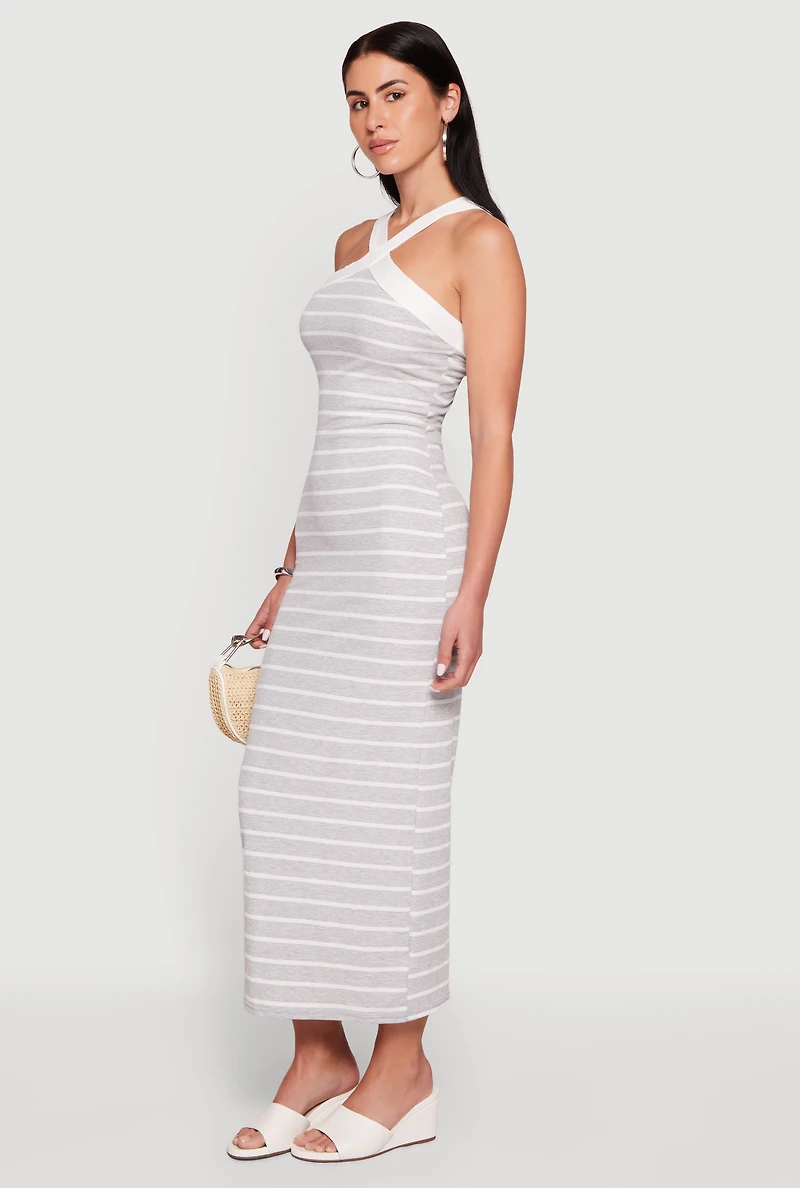 Striped Criss Cross Neckline Maxi Dress