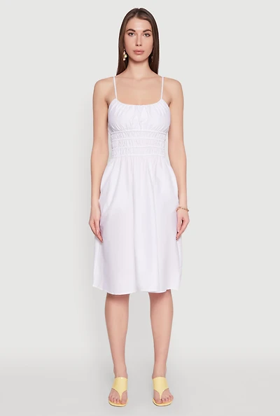Womens Smocked Waist Poplin Midi Dress, White, Size XL