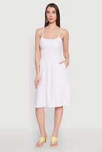 Womens Smocked Waist Poplin Midi Dress, White, Size M
