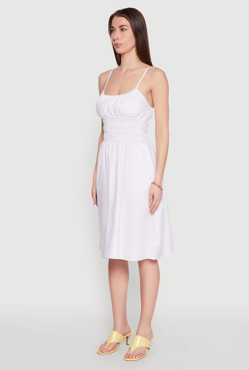 Womens Smocked Waist Poplin Midi Dress, White, Size XL