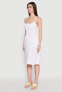 Womens Smocked Waist Poplin Midi Dress, White, Size XL