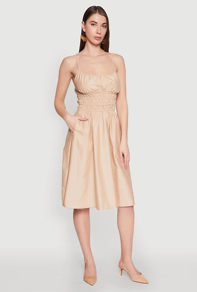 Womens Smocked Waist Poplin Midi Dress, Beige, Size M