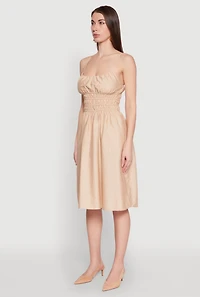 Womens Smocked Waist Poplin Midi Dress, Beige, Size S