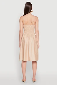Womens Smocked Waist Poplin Midi Dress, Beige, Size S