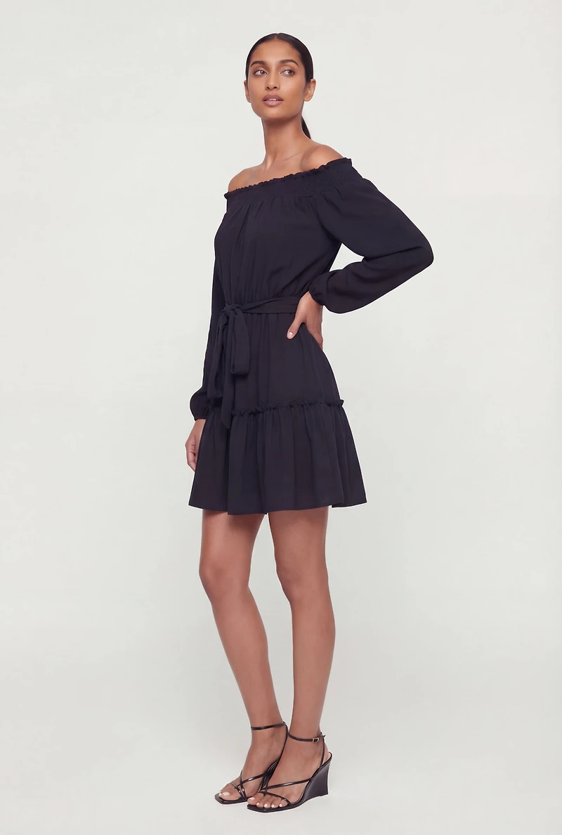 Crepe Knit Long Sleeve Tiered Off The Shoulder Dress